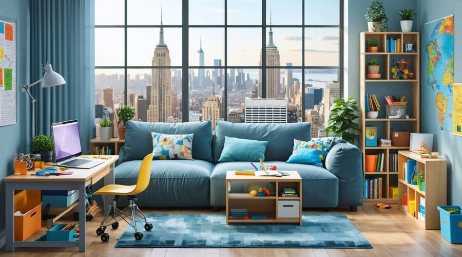 A compact urban homeschool learning environment featuring a fold-out desk, wall-mounted organizers, educational posters, and various learning materials set against a backdrop of a New York City skyline visible through a window.