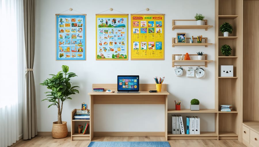Space-efficient homeschool learning area featuring convertible furniture and vertical storage solutions