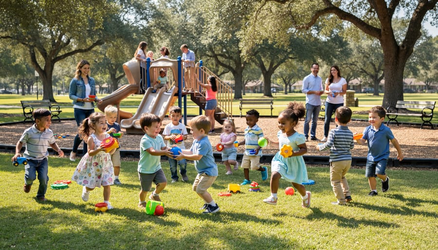 Preschool children playing together at park playground during homeschool playgroup