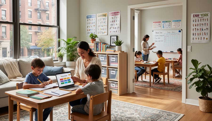 Parent and preschool child engaged in educational activity at home kitchen table