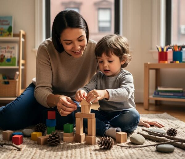 Parent and preschool-aged child building with wooden blocks on a living room rug in a New York apartment, soft daylight, with a blurred bookshelf, art supplies, and window showing brownstone stoops in the background.