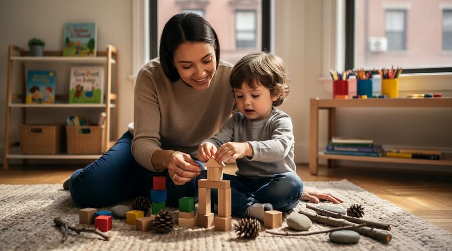 Parent and preschool-aged child building with wooden blocks on a living room rug in a New York apartment, soft daylight, with a blurred bookshelf, art supplies, and window showing brownstone stoops in the background.