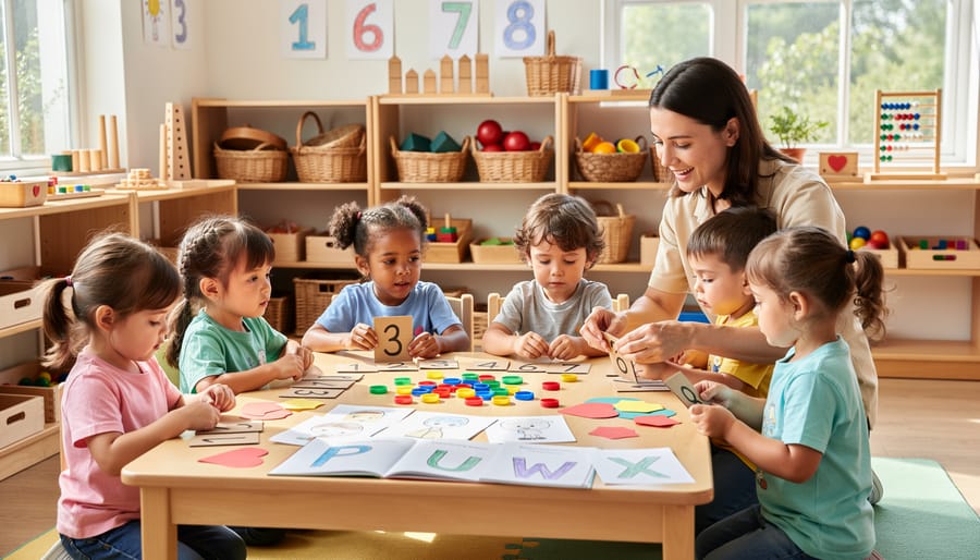 Overhead view of organized preschool learning materials including blocks, books, and art supplies