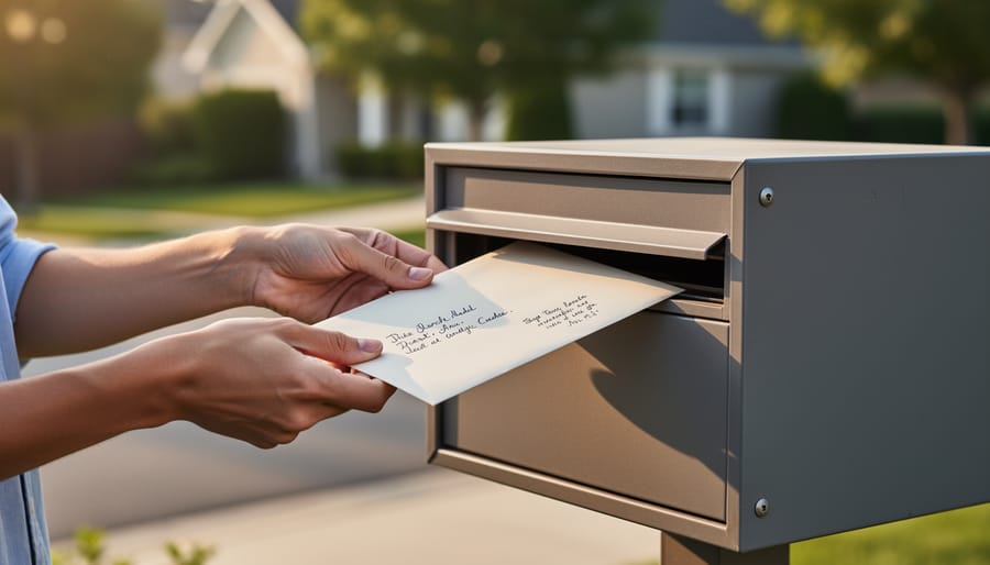 Hand placing an envelope into a front mailbox during golden hour