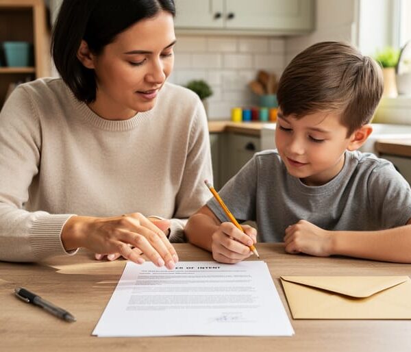 Parent and child reviewing a homeschool letter of intent and envelope on a kitchen table with a pen, photographed in soft natural light.