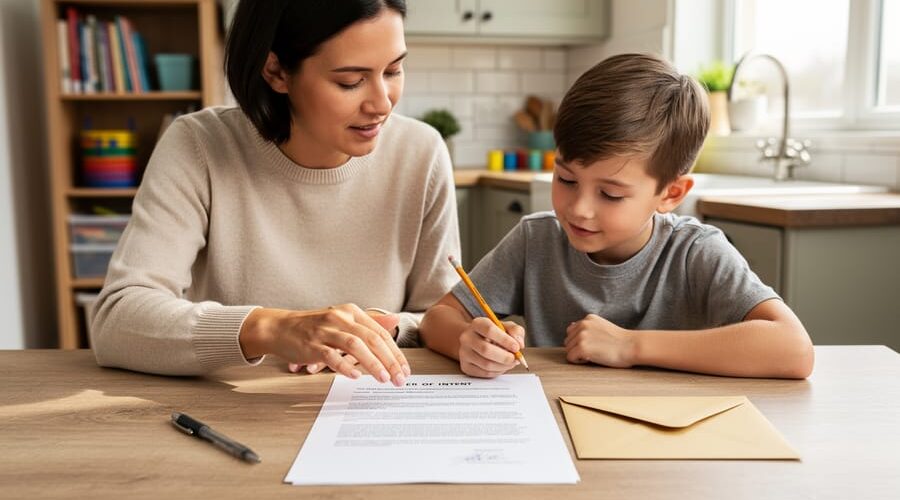 Parent and child reviewing a homeschool letter of intent and envelope on a kitchen table with a pen, photographed in soft natural light.