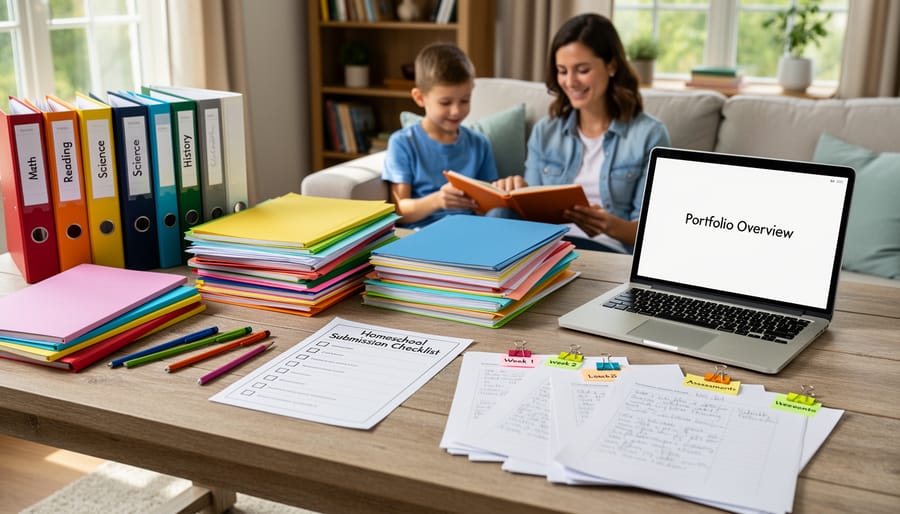 Open binder and homeschool materials arranged neatly on a desk with books and art supplies