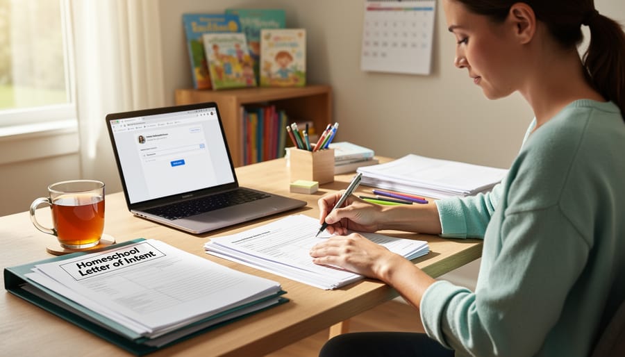 Parent writing a letter on paper at a kitchen table with an envelope nearby