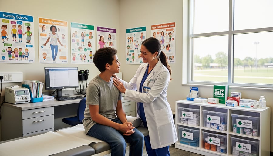 Adult providing supportive care to a seated child in a school health setting with medical supplies in hand