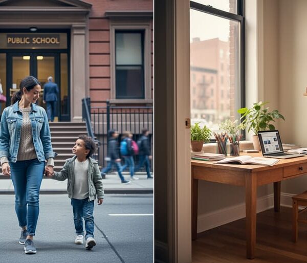 “Parent and child in an urban setting facing toward a public school entrance and a home learning space, representing homeschooling versus public schooling safety considerations.”