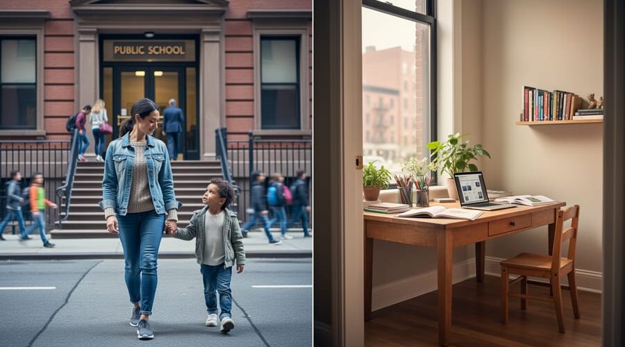 “Parent and child in an urban setting facing toward a public school entrance and a home learning space, representing homeschooling versus public schooling safety considerations.”