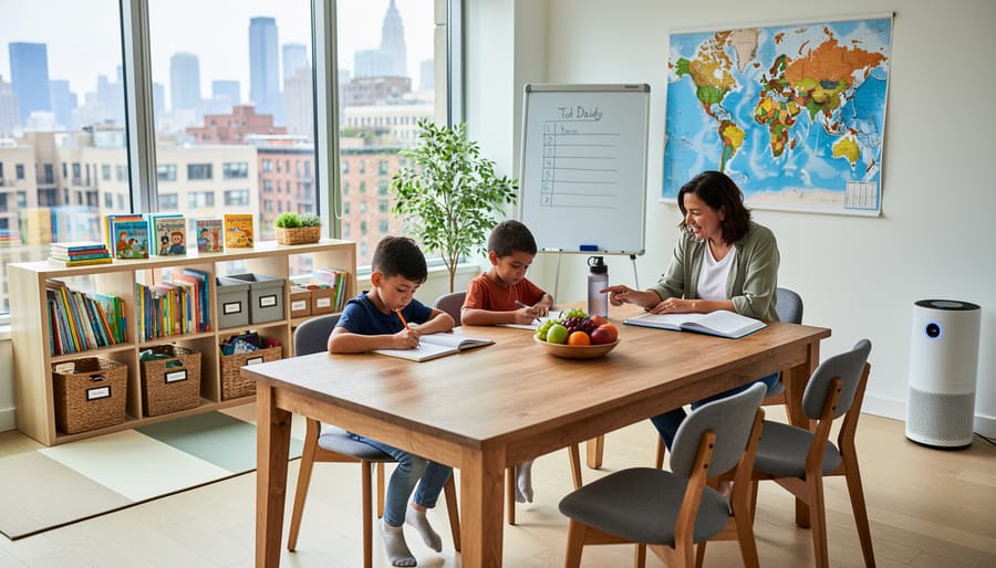 Parent and child seated at a kitchen table doing learning activities with books and a small science kit in an apartment