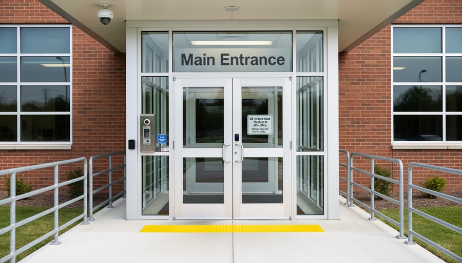 Wide view of a public school entrance and security checkpoint area outside