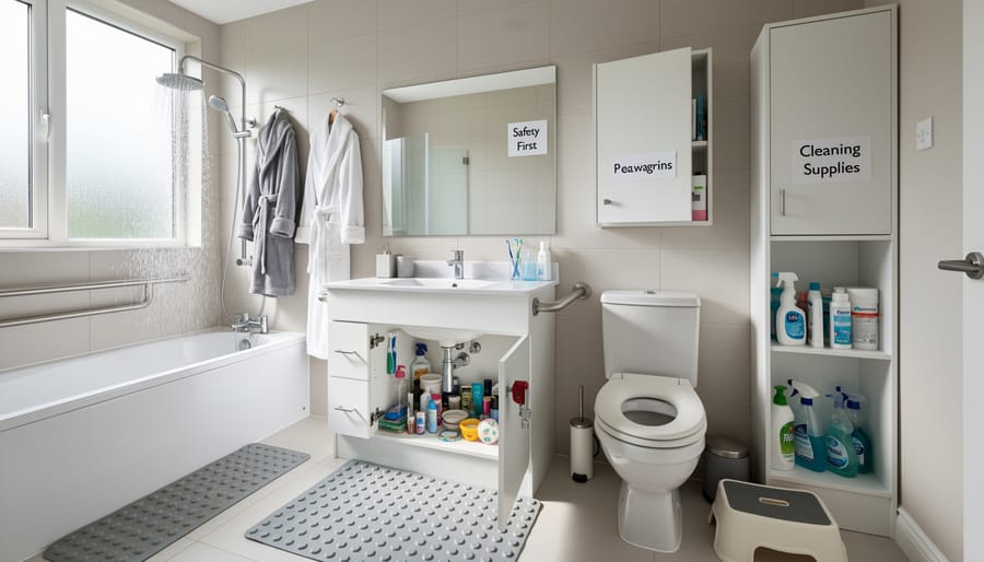 Bathroom safety features including non-slip mat, grab bar, and secured cleaning supply cabinet