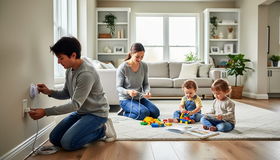 Parent and child inspecting an electrical outlet and cord area in a home hallway with a smartphone and flashlight