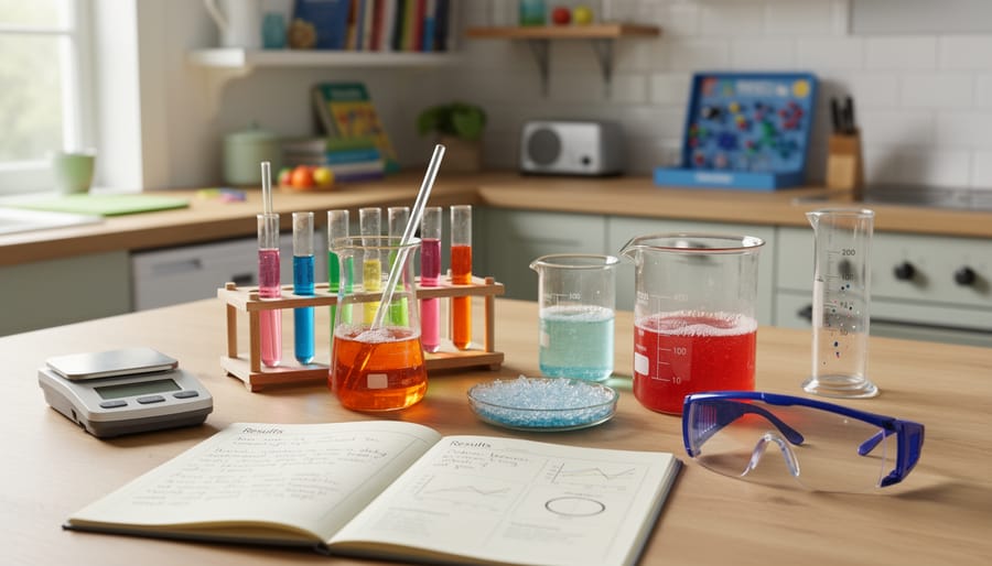 Close-up of a finished science experiment in a clear glass container showing visible color change and particles.