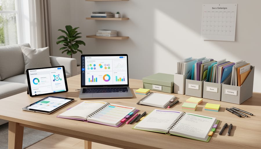 School supplies and a laptop arranged near a window in a home learning space