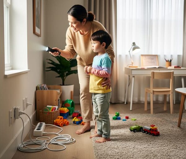 Parent and child in a bright living room using a flashlight to inspect potential home safety hazards near outlets and foot-traffic areas.