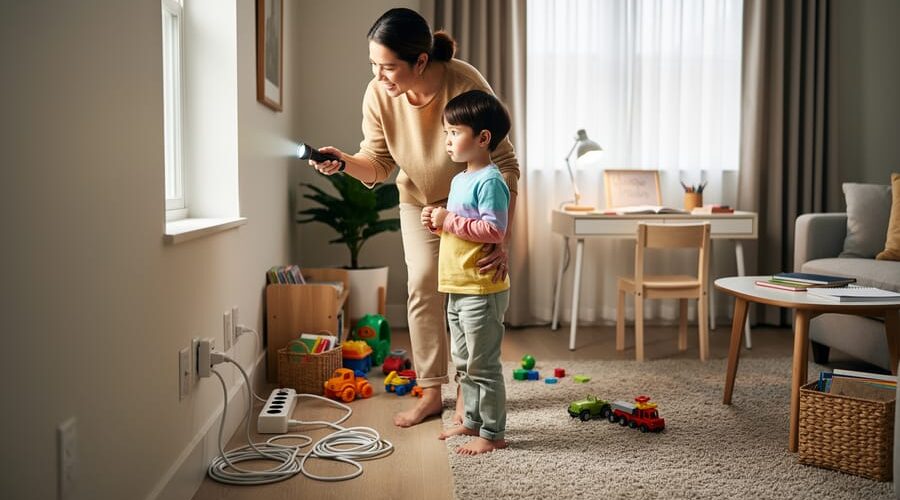 Parent and child in a bright living room using a flashlight to inspect potential home safety hazards near outlets and foot-traffic areas.