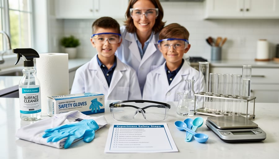 Assorted home science lab supplies including safety goggles, gloves, glassware, and pipettes laid out on a countertop.