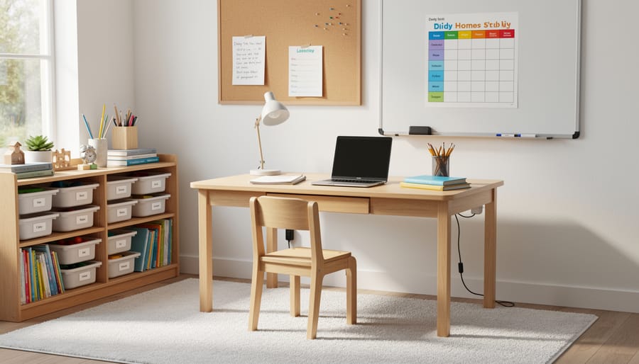 Homeschool learning space with secure bookcase and neatly managed charging cords