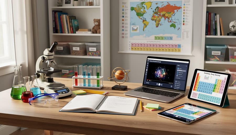 Student hands working at a home science desk with goggles and lab glassware next to an online lesson on a smartphone.