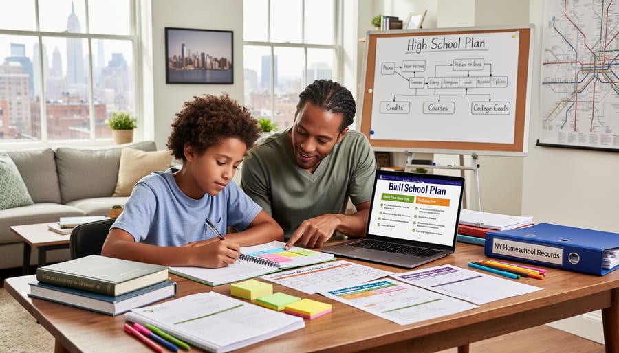 Student studying at a homeschool desk with an open notebook and laptop, with a parent’s hand pointing to a blank page