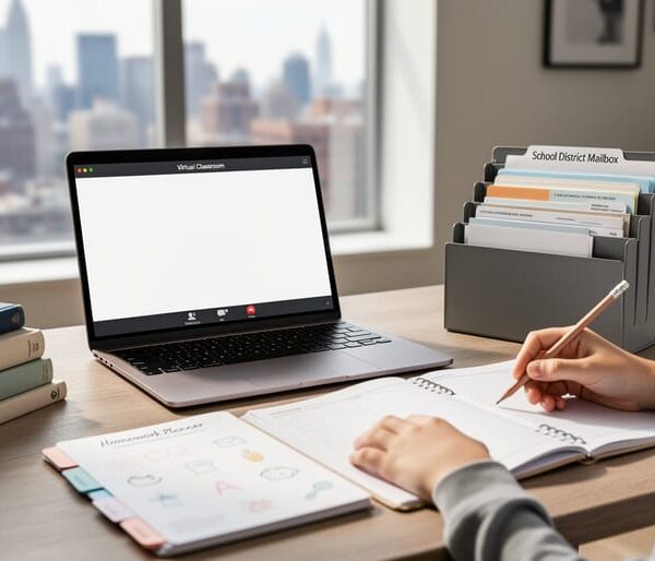 A New York family studying at a home desk with an open laptop and learning materials, symbolizing K-12 online schooling versus homeschooling options.