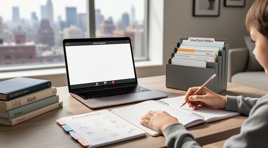 A New York family studying at a home desk with an open laptop and learning materials, symbolizing K-12 online schooling versus homeschooling options.