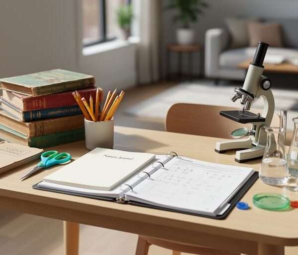 “Homeschool learning desk with open books, pencils, a nature journal notebook, and simple science supplies in a bright home setting.”