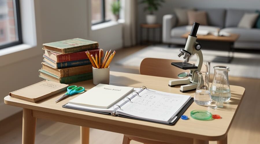“Homeschool learning desk with open books, pencils, a nature journal notebook, and simple science supplies in a bright home setting.”