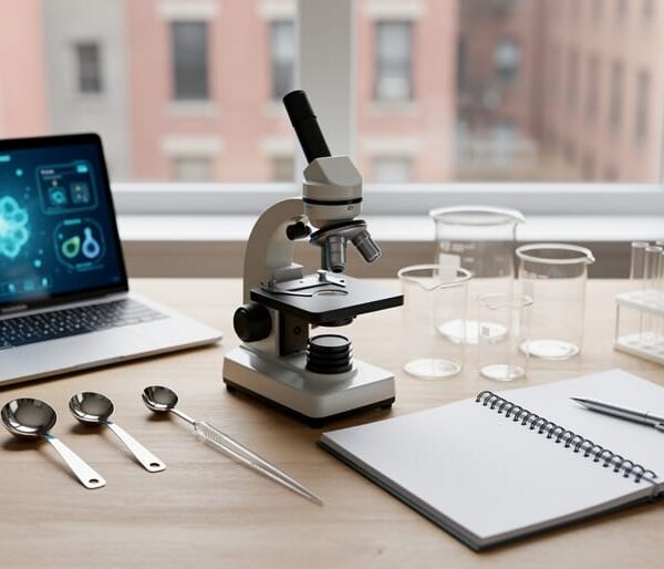 Organized homeschool science supplies on a wooden table, with a laptop in the background and a microscope and glass test tubes ready for at-home experiments.