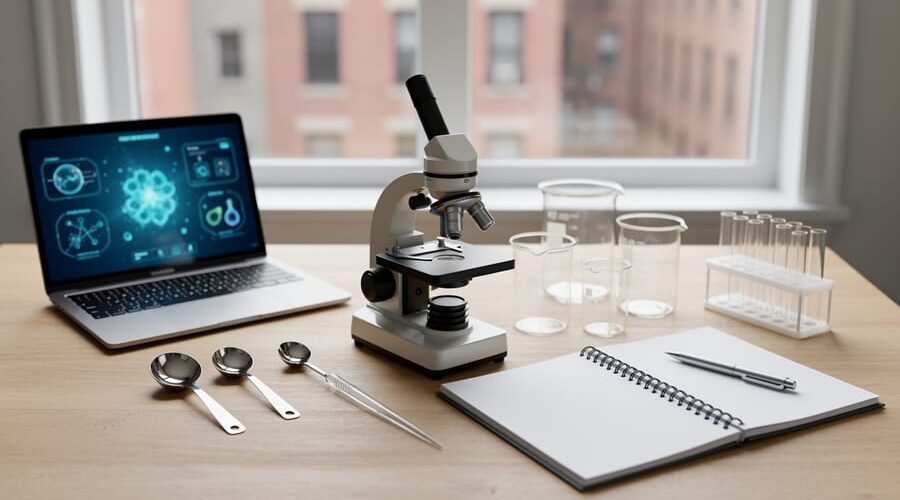 Organized homeschool science supplies on a wooden table, with a laptop in the background and a microscope and glass test tubes ready for at-home experiments.