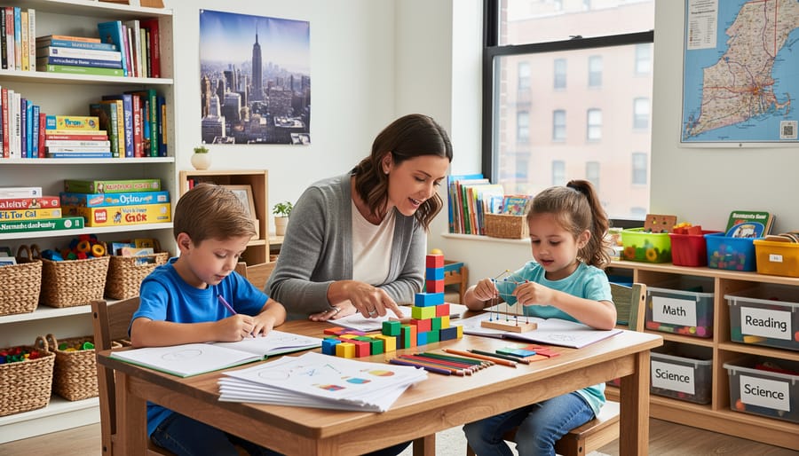 Parent and child working together at a table with open workbooks and art supplies