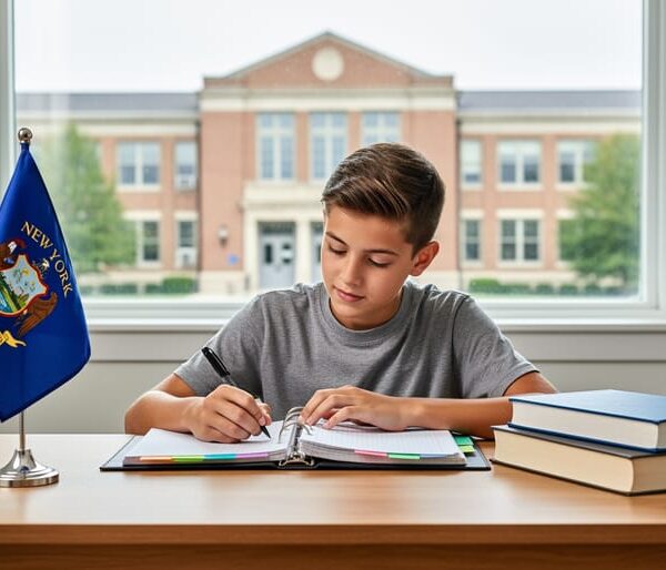 “New York homeschool teen studying at a desk with organized materials, with a blurred public high school building visible through a window.”
