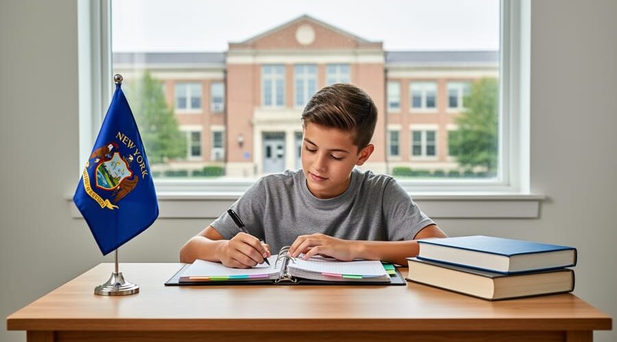“New York homeschool teen studying at a desk with organized materials, with a blurred public high school building visible through a window.”