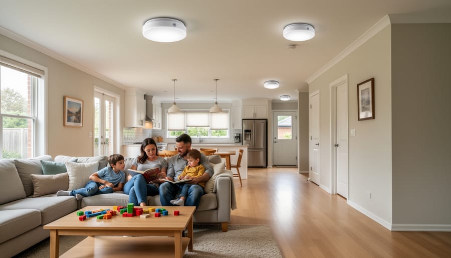 Smoke and carbon monoxide detectors mounted on a home hallway ceiling and walls
