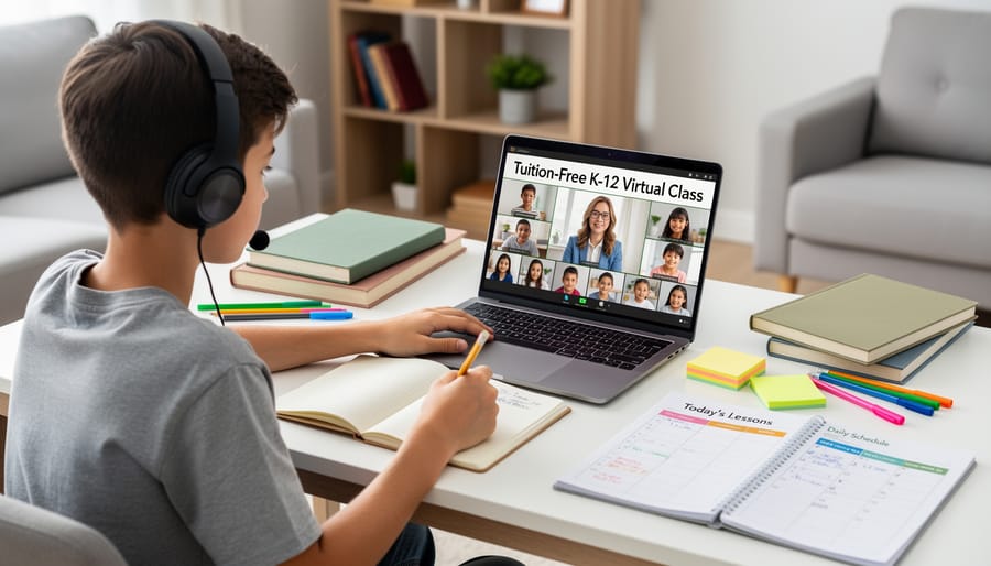 Student working at a home desk with a laptop for a virtual class session