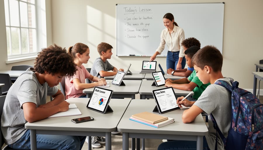 Parent using a tablet and smartphone beside homeschool materials