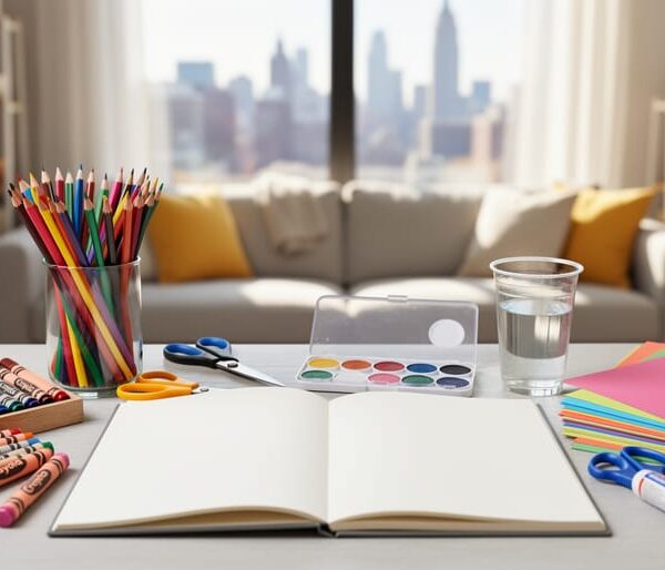 Tabletop art supplies for a New York homeschool program, including colored pencils, washable markers, paints, glue, scissors, and a blank sketchbook.