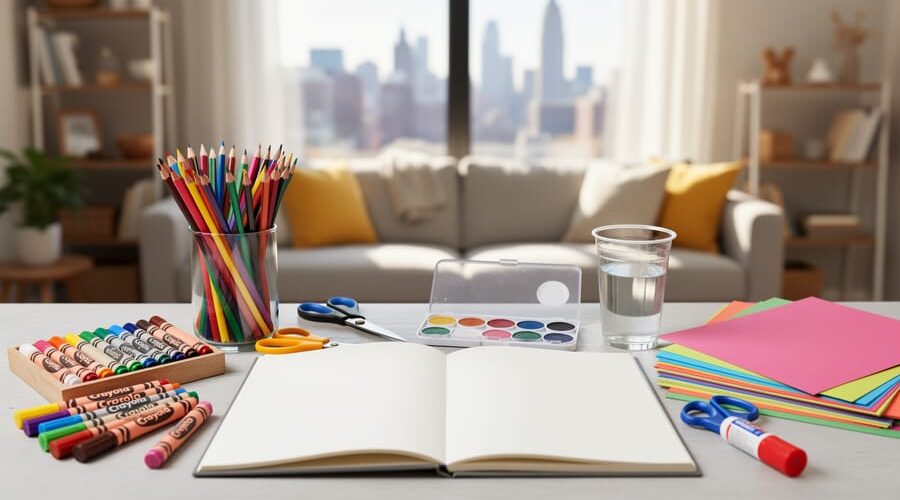 Tabletop art supplies for a New York homeschool program, including colored pencils, washable markers, paints, glue, scissors, and a blank sketchbook.