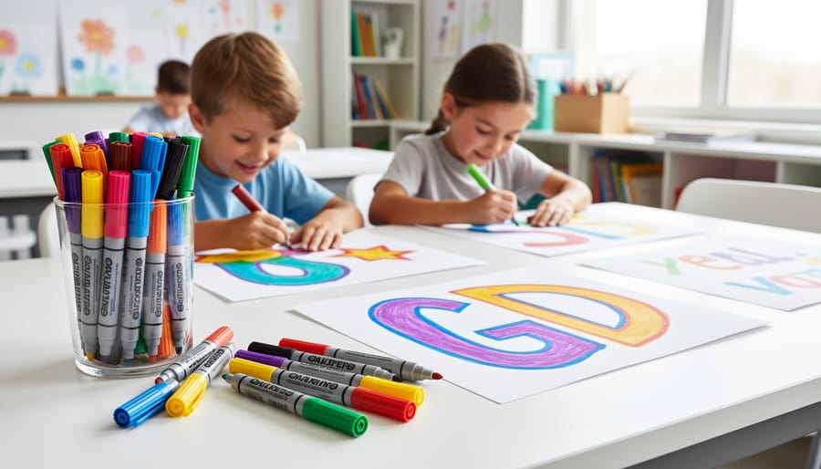 Broad line markers on a table next to a bold marker drawing