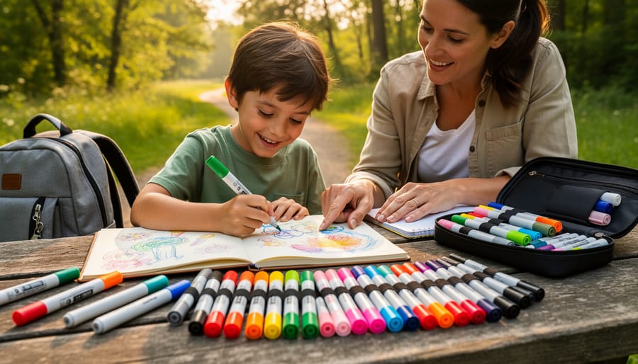 Student drawing with retractable markers on a sketchpad at a park bench