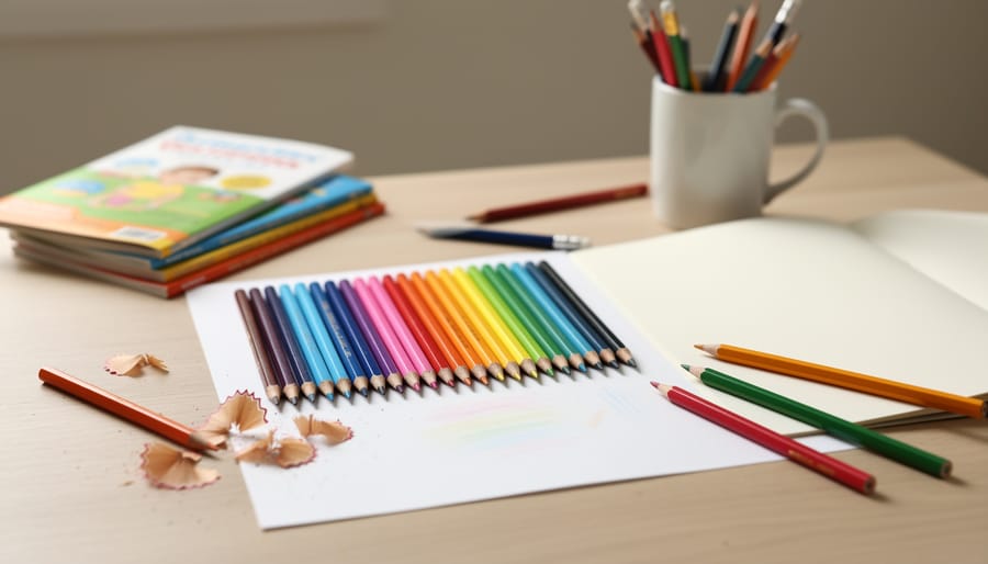 Colored pencils laid out on a sketchbook with simple leaf drawings