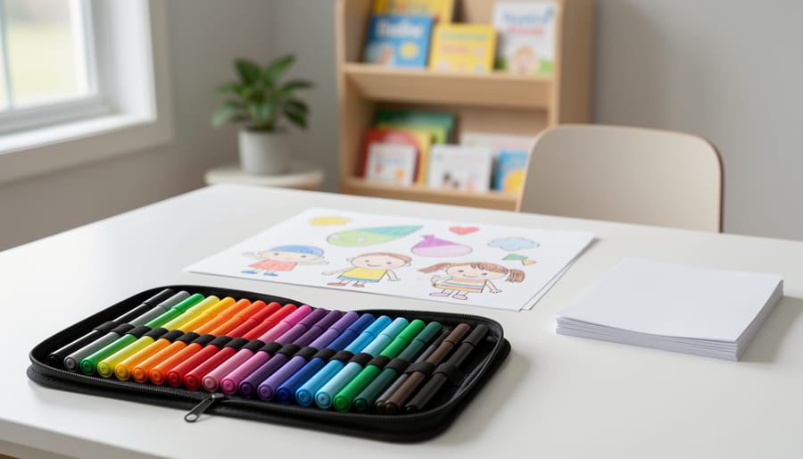 Open washable markers on a homeschool art table with a child’s hand reaching toward the colors