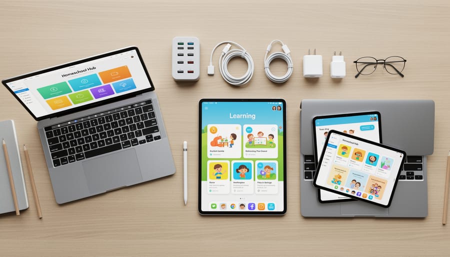 Devices arranged on a desk for homeschooling: a learning tablet, a student laptop, and charging accessories.