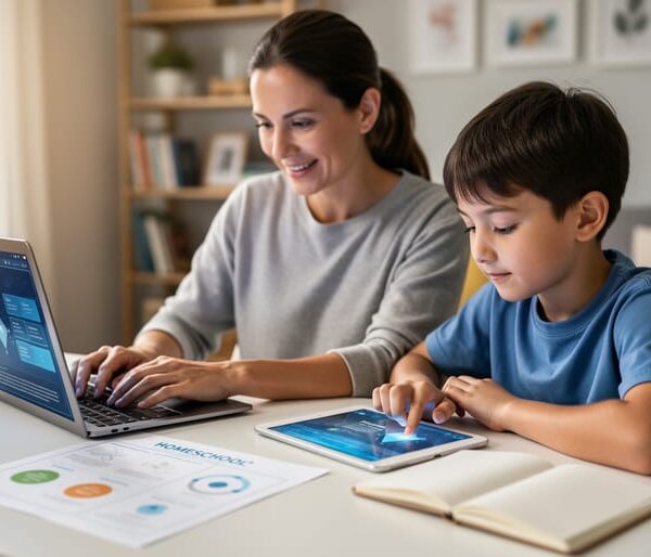 Parent and child at a home desk using a laptop and tablet for homeschool learning with notebooks and printed materials nearby.