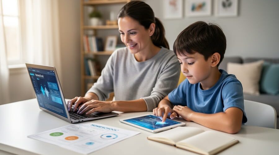 Parent and child at a home desk using a laptop and tablet for homeschool learning with notebooks and printed materials nearby.