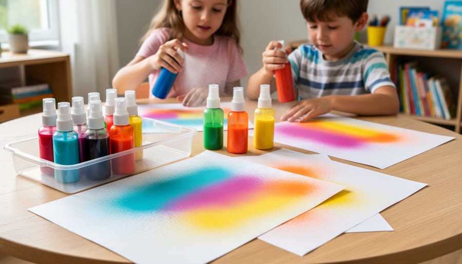 Airbrush spray kit and watercolor paper with colorful blended spray artwork