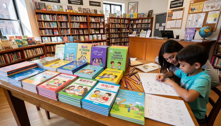 Close-up of hands holding multilingual books inside a bookstore